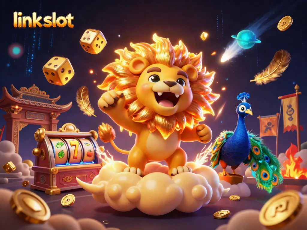 Spin the reels in excitement at link slot, featuring vibrant 3D casino illustration with a roaring lion.