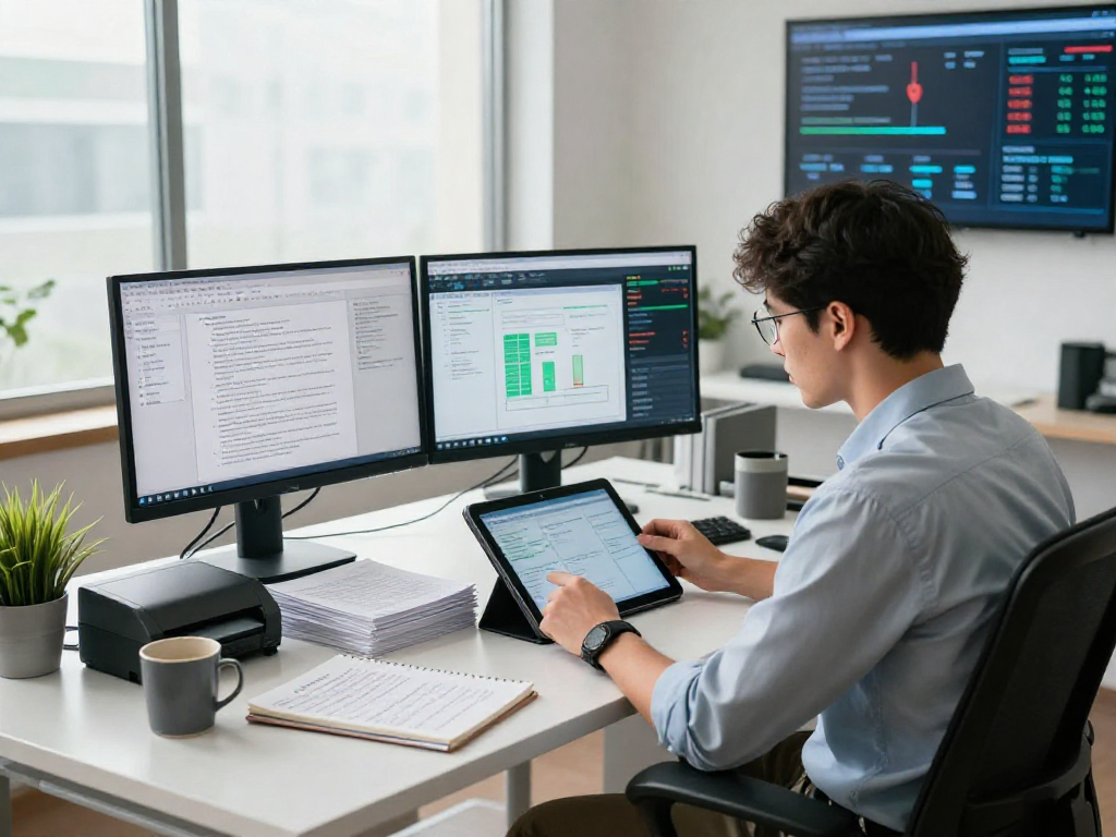 Advanced document fraud detection analysis in an office with dual monitors displaying critical reports and a focused analyst.
