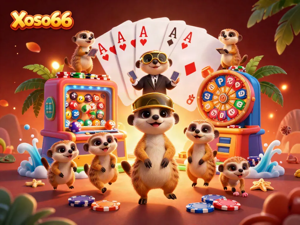 Xoso66 meerkats engaging in a vibrant lottery scene, showcasing gaming excitement and colorful elements.