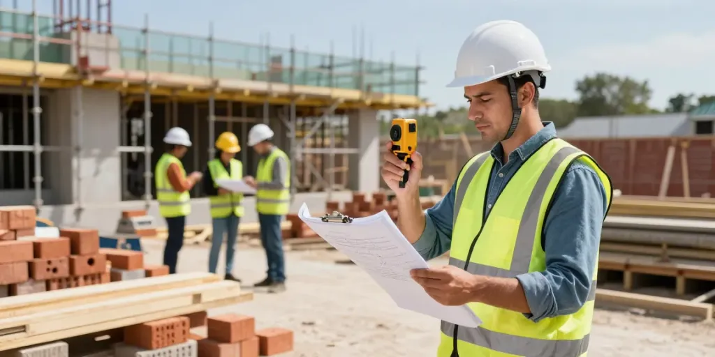 Construction cost estimator reviewing blueprints on-site with tools and team in background.