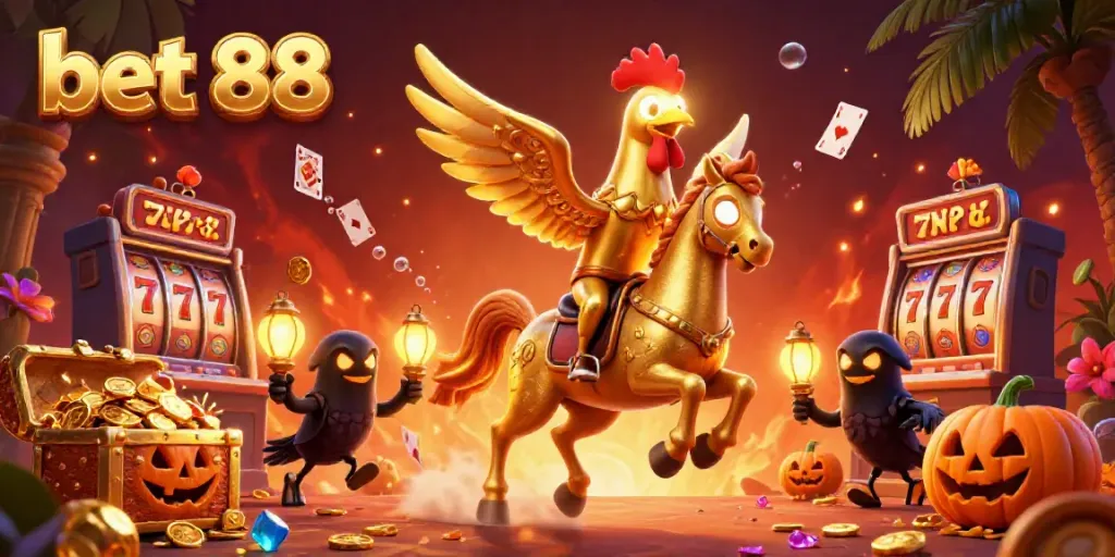 Immerse in the vibrant midnight casino scene with bet 88 featuring a golden rooster and treasure.