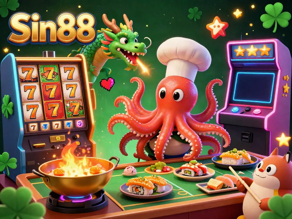 Experience Sin88 with a vibrant casino scene featuring sushi chef octopus, dragon, and tanuki.