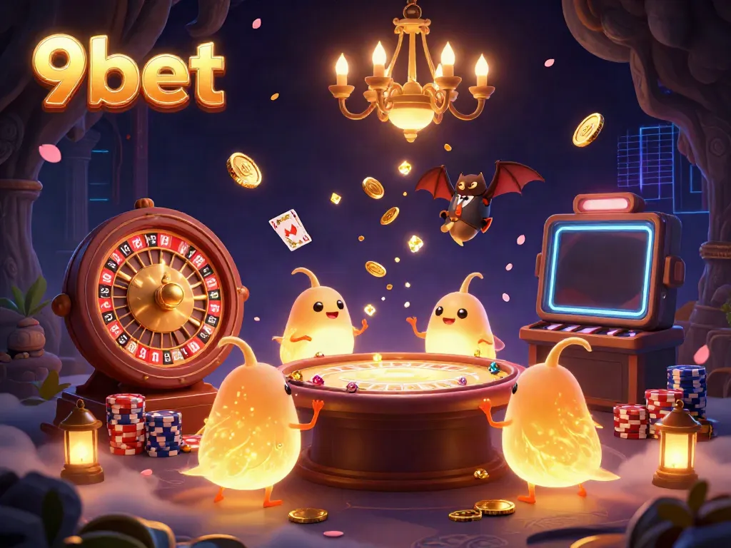 Experience the thrill of 9bet with a vibrant cave casino scene, featuring bioluminescent glowworms and a bat dealer.