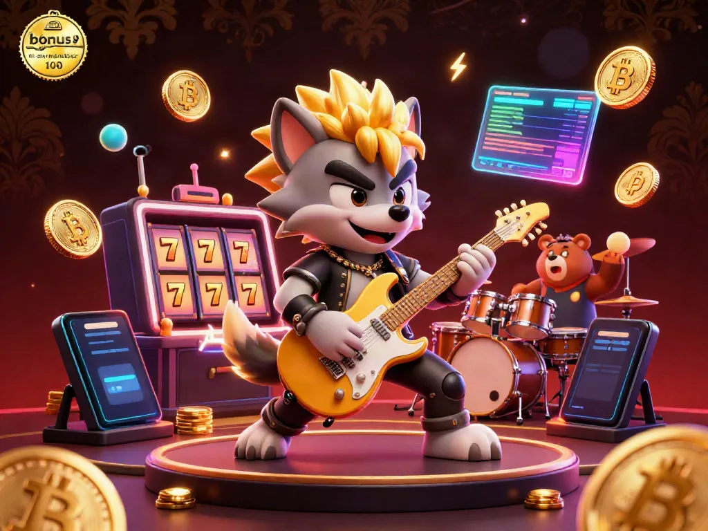 Experience the thrill with bonus new member 100 in a vibrant casino stage scene featuring a rock star wolf and drummer bear.