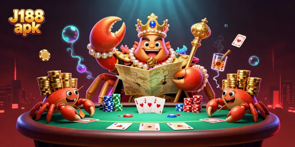 Experience the thrill of J188 apk with vibrant golden crab and dramatic poker scene.