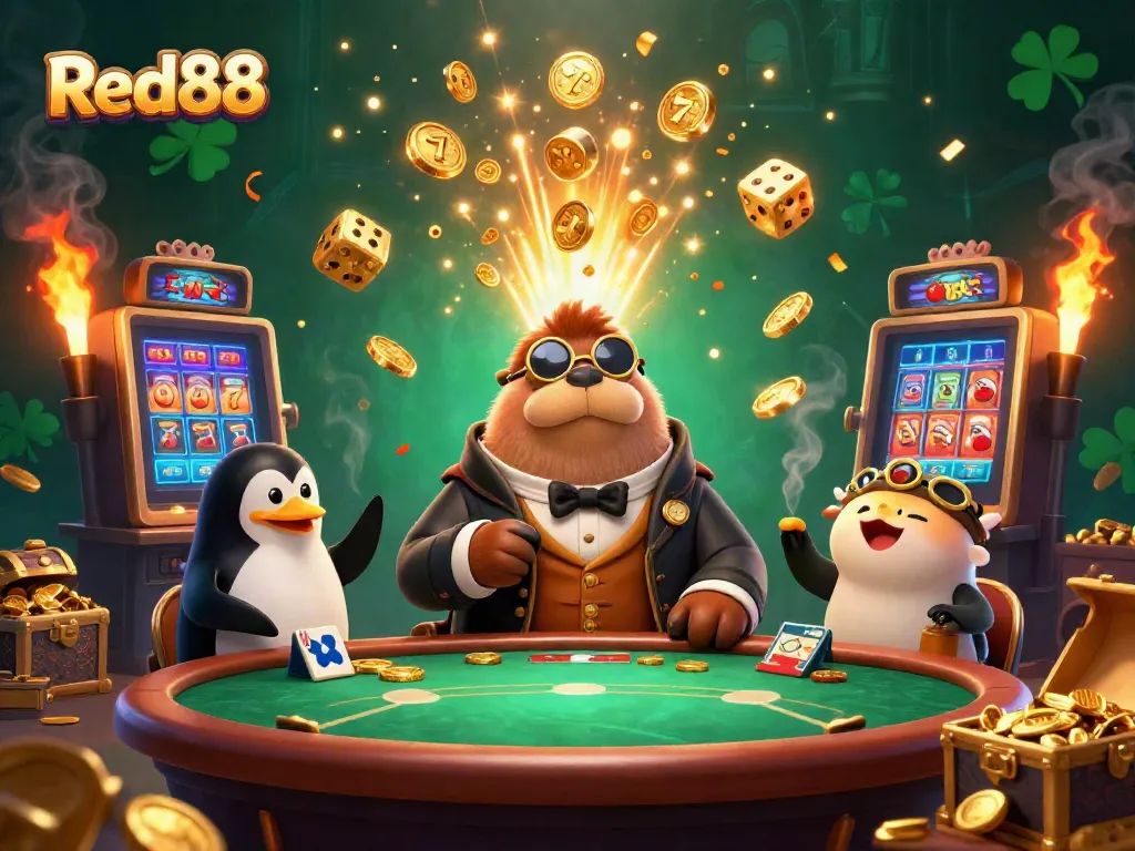 Experience the thrill of gaming at Red88 with whimsical characters at a vibrant underwater poker scene.
