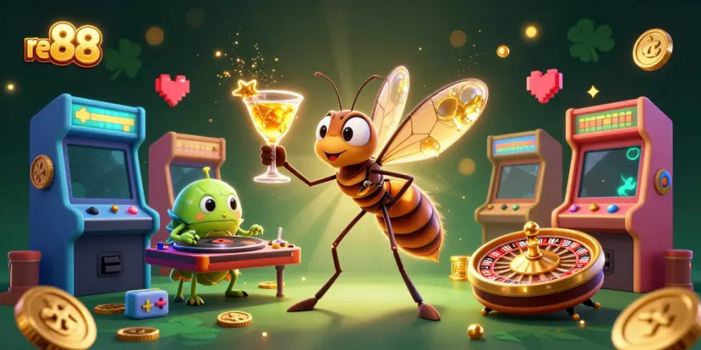 Experience excitement at red 88 with a lively casino scene featuring unique characters and vibrant gaming elements.