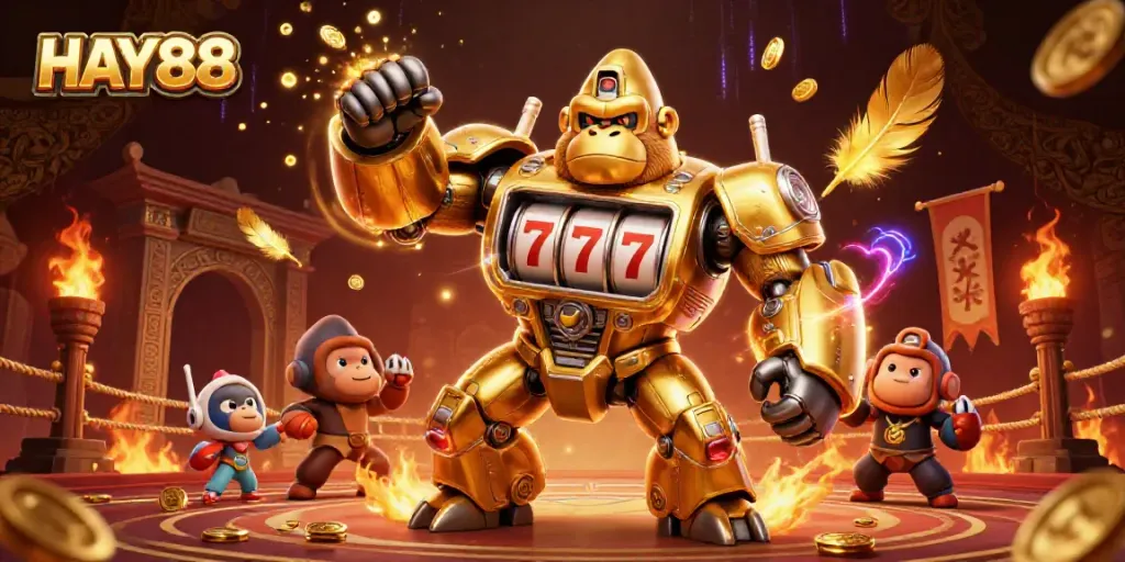 Experience the thrill of HAY88 with a dynamic illustrated scene featuring a golden gorilla mech and exciting casino elements.