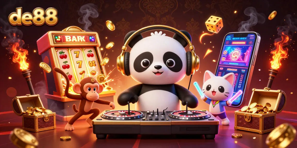 Experience the excitement of de88's vibrant casino scene with DJ panda, monkey, and kitten!