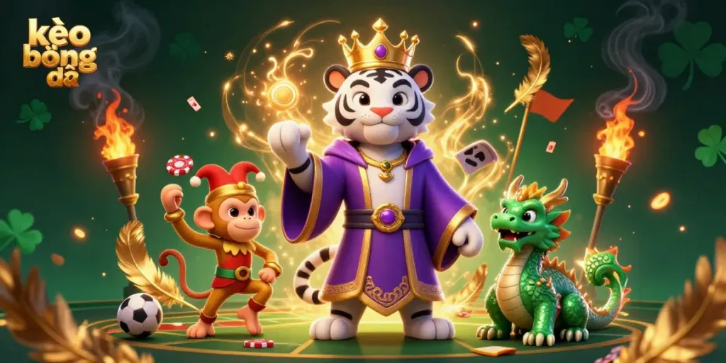 Experience kèo bóng đá with an exciting digital art of a royal tiger, jester monkey, and jade dragon amidst sports betting elements.