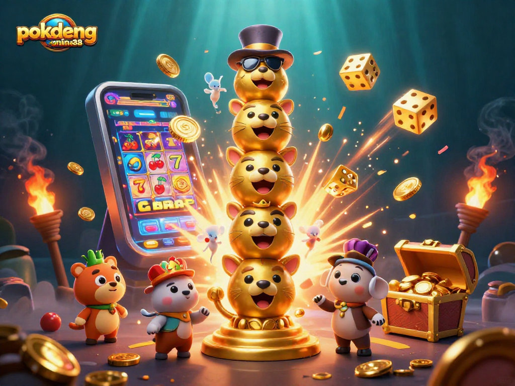 Interact with vibrant 3D casino elements including a golden totem and jackpot machine at pokdeng-online88