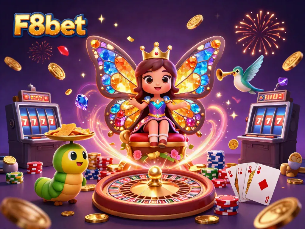 Experience the thrill of gambling with F8bet, featuring a whimsical butterfly queen and casino elements.