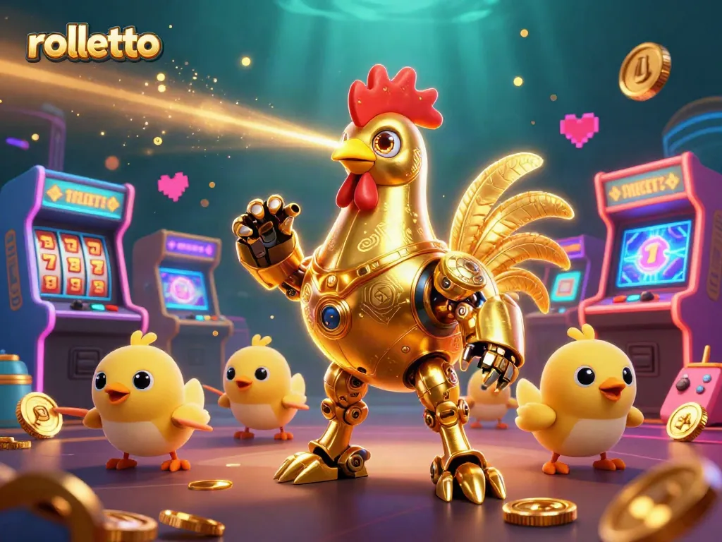 Experience rolletto's vibrant gameplay with a golden rooster robot amidst colorful arcade elements.