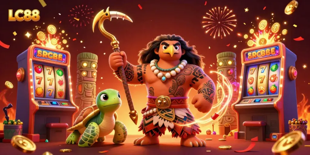 Win big with LC88 at vibrant slots featuring a tribal demigod and turtle!
