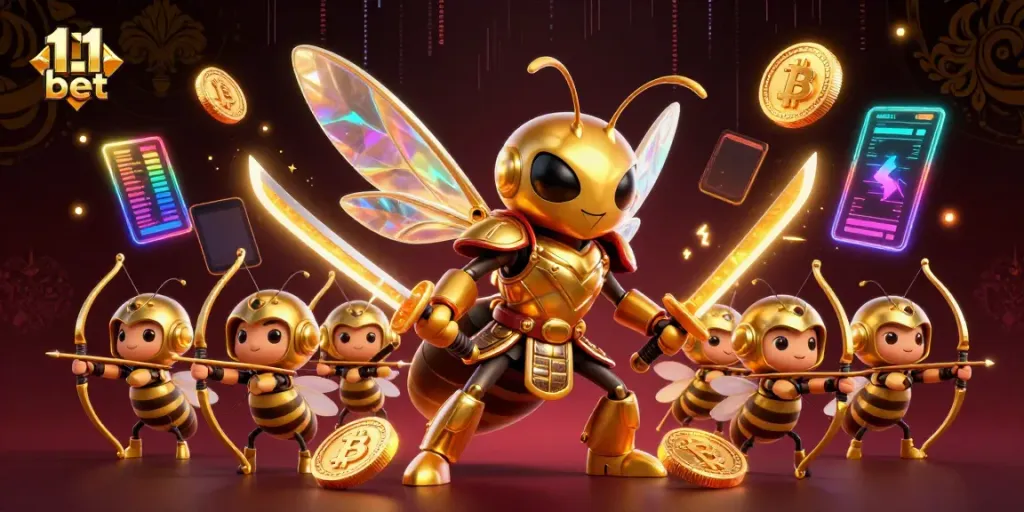 Play exciting casino games on 11 bet with vibrant characters and crypto elements illuminating the scene.