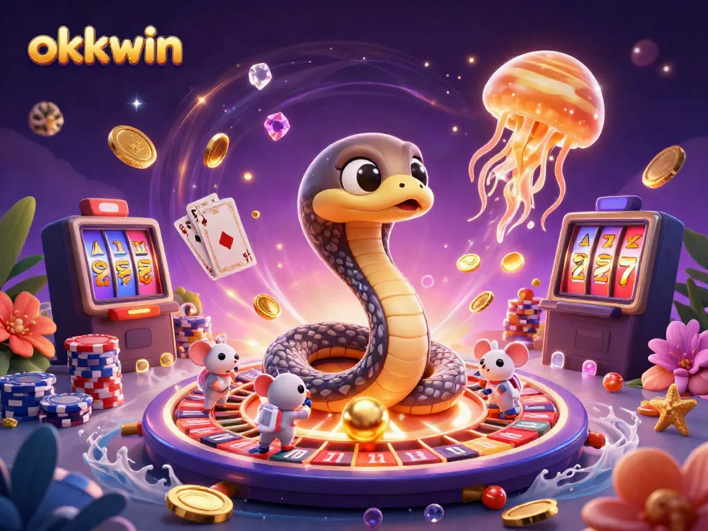 Experience the thrill of okkwin with vibrant casino-themed 3D illustration showcasing a roulette wheel and animated characters.