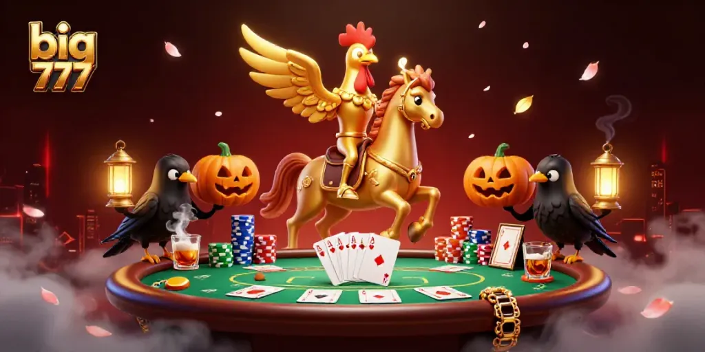 Experience the thrill of big 777 with a golden rooster riding through a casino, showcasing vibrant gameplay elements.