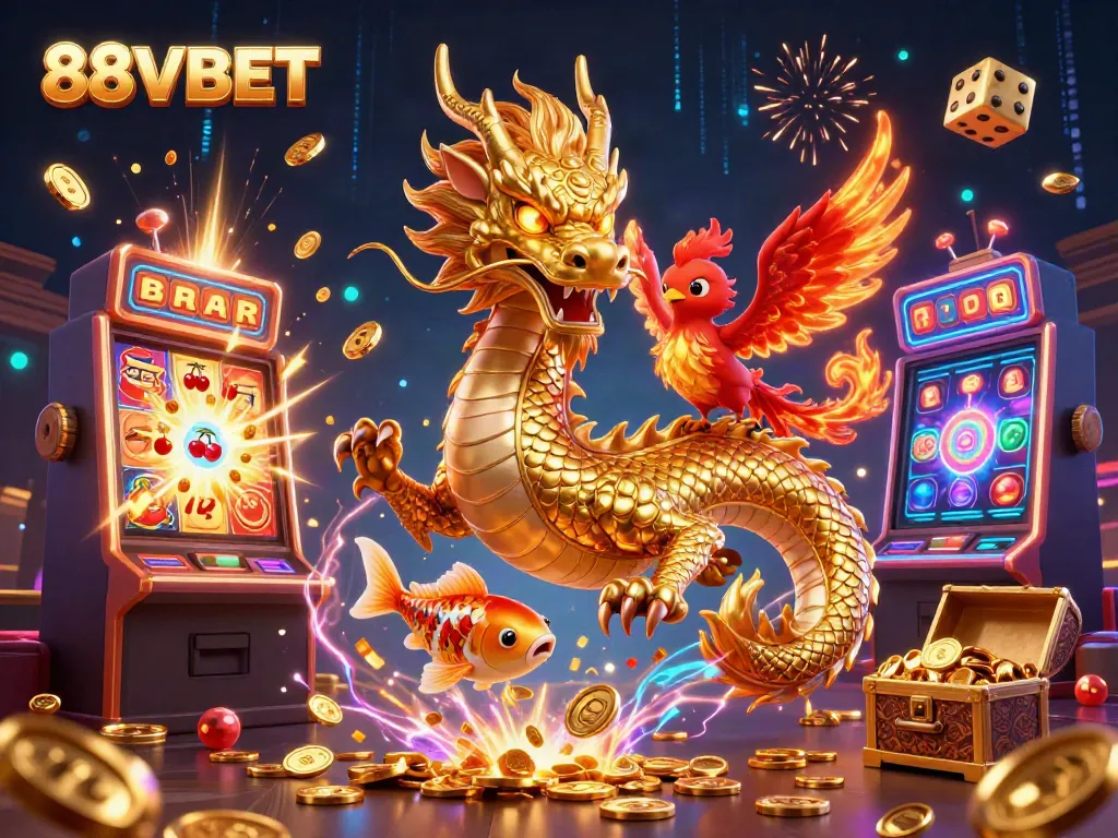 Experience a vibrant casino scene with 88VBET featuring a golden dragon, phoenix, and exciting gaming elements.