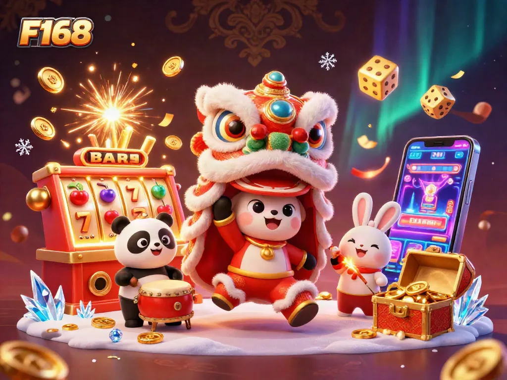 Spin to win at F168 with a lively casino celebration featuring a lion dance and slot machine burst.