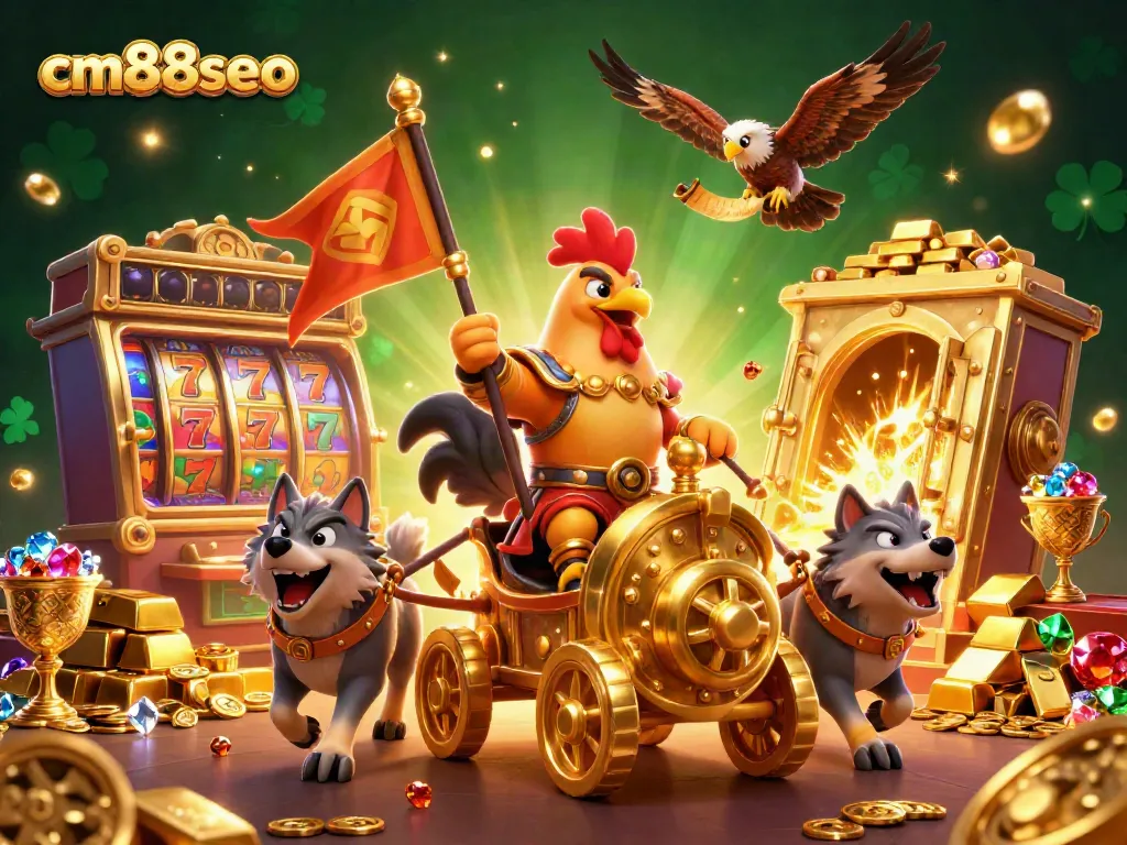 Experience the excitement of gaming with cm88seo as a rooster warlord commands a vibrant casino scene filled with treasures.