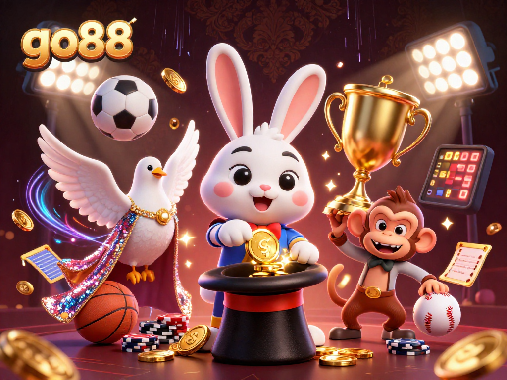 Experience the thrill of go88 with a magician rabbit, dove, and monkey in an energetic casino scene.