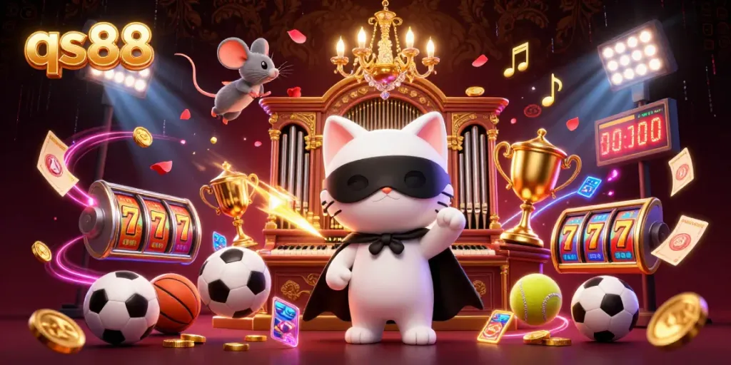 qs88 showcases an exciting casino scene with a theatrical cat and mouse in action, filled with vibrant gaming elements.