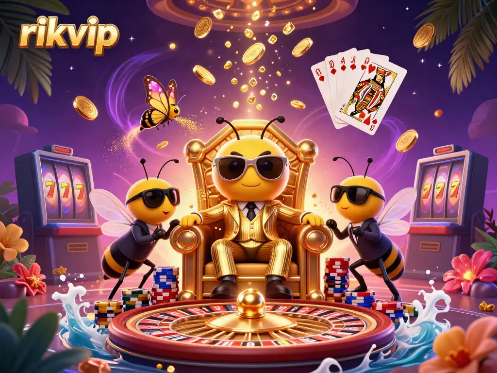 Experience thrilling moments at rikvip with golden coins, poker chips, and lively 3D characters.