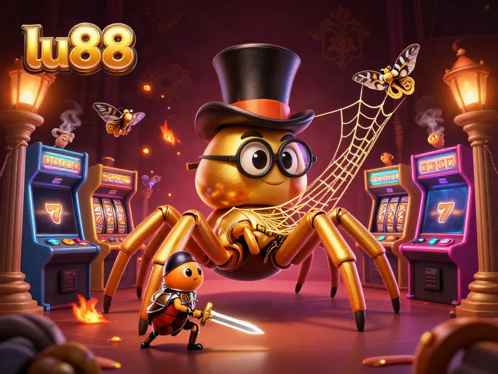 Engage in thrilling gameplay at lu88 with a colorful casino scene featuring a giant golden tarantula and adventurous beetle knight.