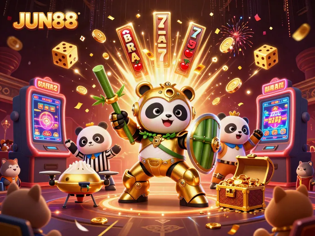 Experience the excitement of JUN88 with a dynamic casino scene showcasing vivid game elements and an animated environment.
