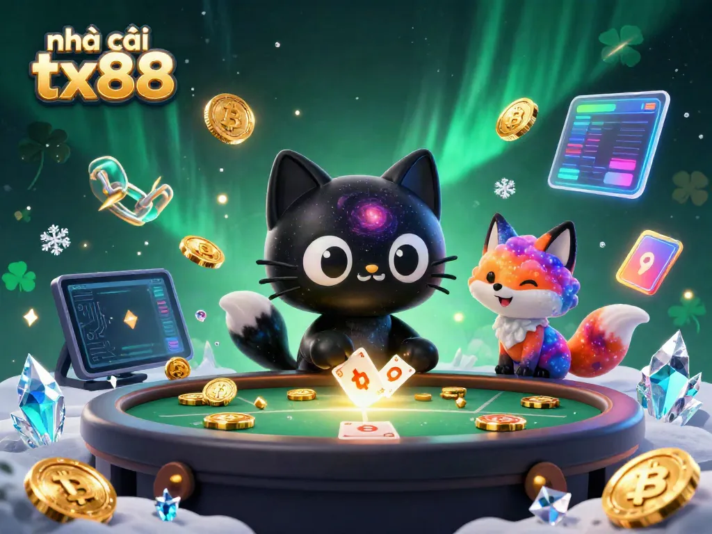 Experience thrilling games at nhà cái tx88 with a cosmic casino scene filled with vibrant characters and glittering elements.