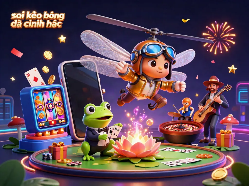 Engaging 3D scene of a dragonfly pilot and frog croupier showcasing soi kèo bóng đá chính xác with vibrant casino elements.