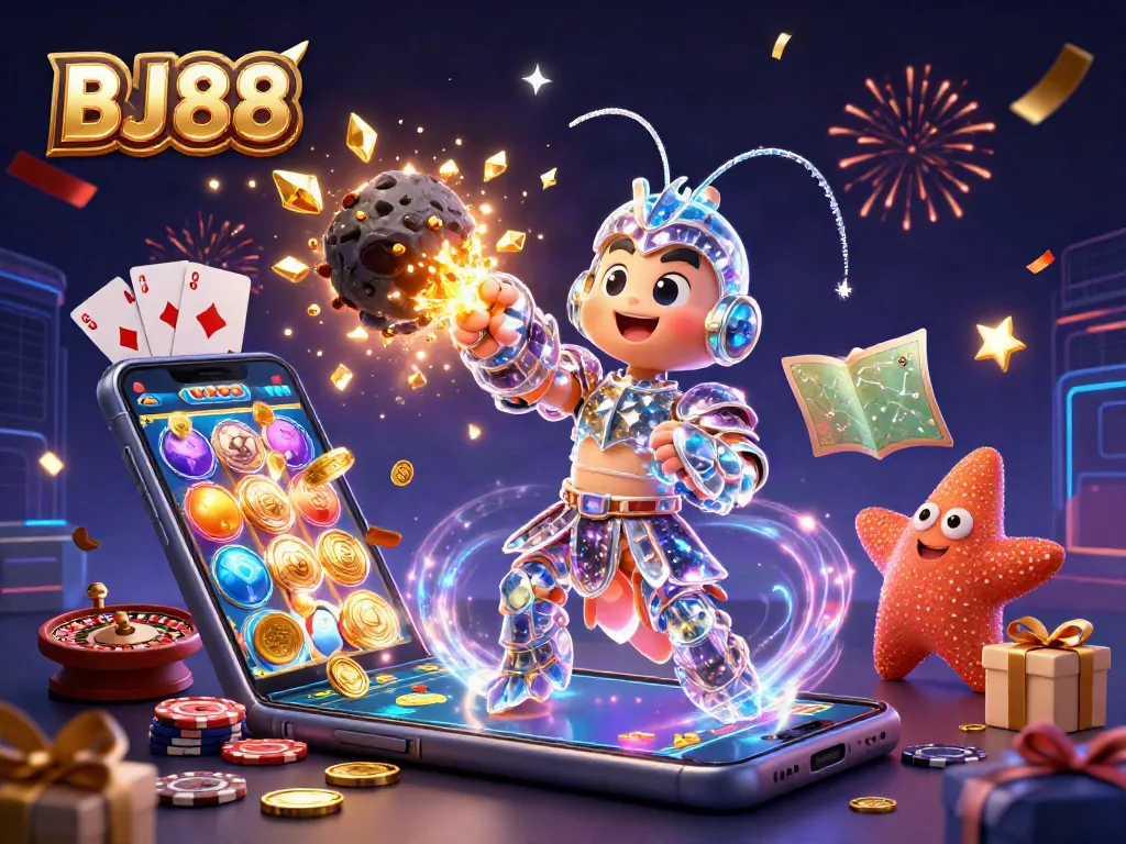 Engage in the exciting world of BJ88 with a vibrant 3D casino scene showcasing games, characters, and festive energy.