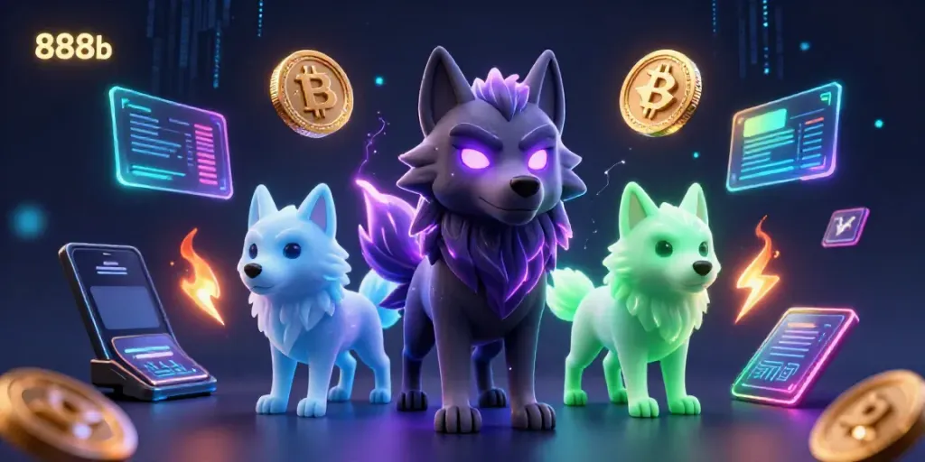 Engage with 888b’s dynamic online casino environment featuring stunning 3D wolves and crypto elements.