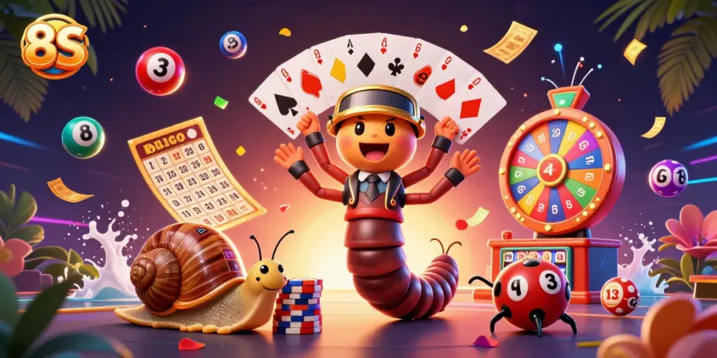 Experience vibrant casino action with 8S as a whimsical millipede dealer and exciting game elements around.