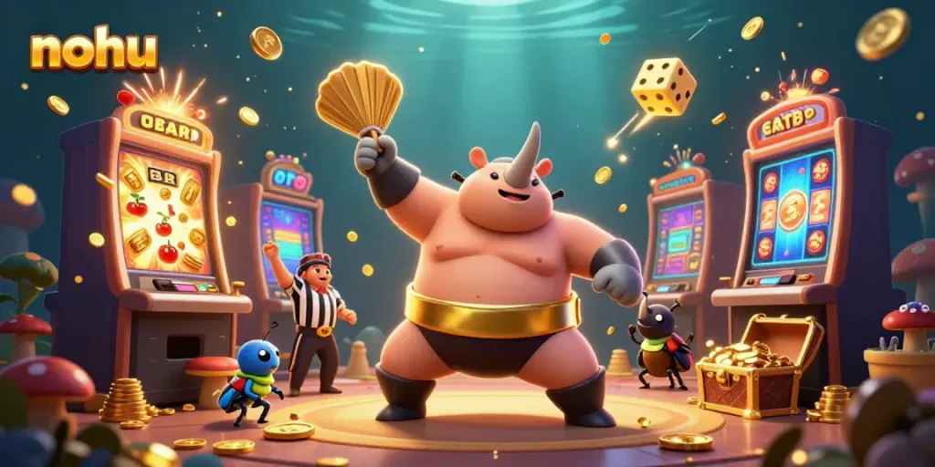 Feel the excitement with nohu as a rhinoceros beetle champion celebrates a jackpot in a vibrant casino scene!