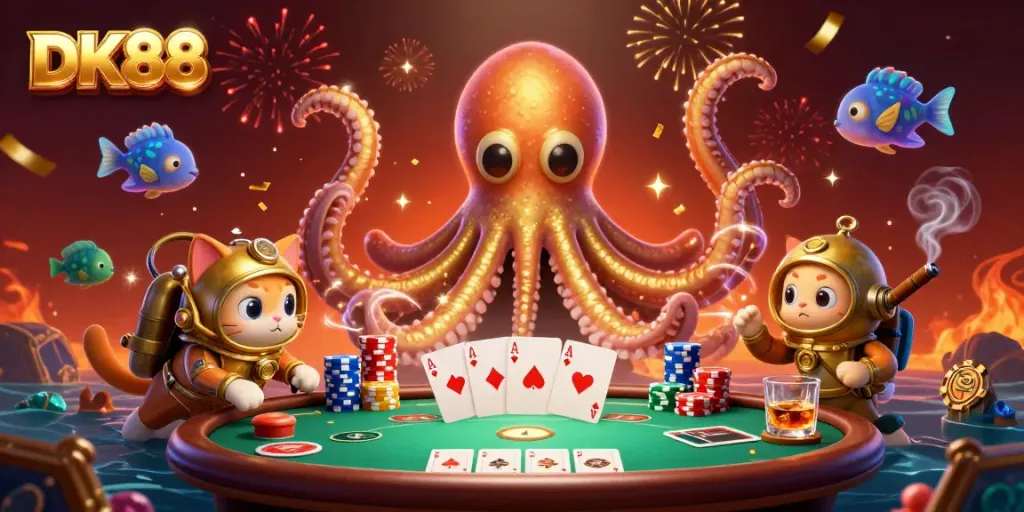 Enhance your gaming experience at DK88 with a captivating illustration of a kraken and a diving cat at a poker table.