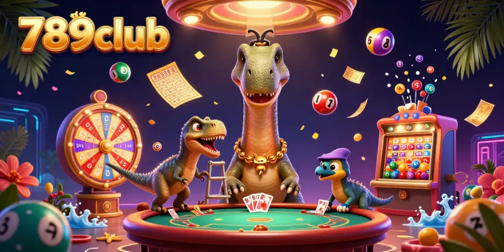 Experience xóc đĩa 789club with a whimsical casino scene featuring a giant dinosaur and dynamic game elements.