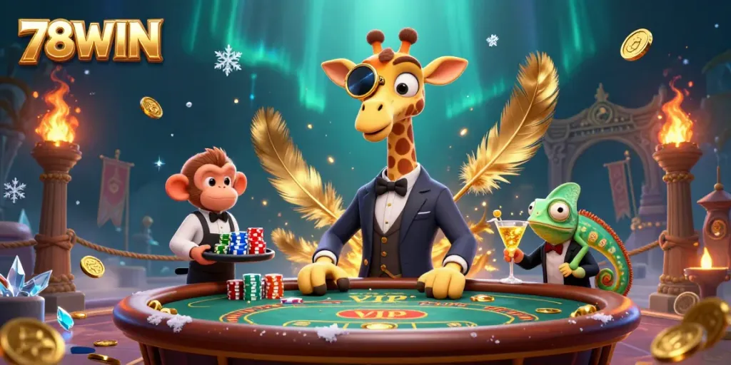 Experience the excitement of 78WIN with a vibrant 3D illustration of a high-roller giraffe at a poker table.