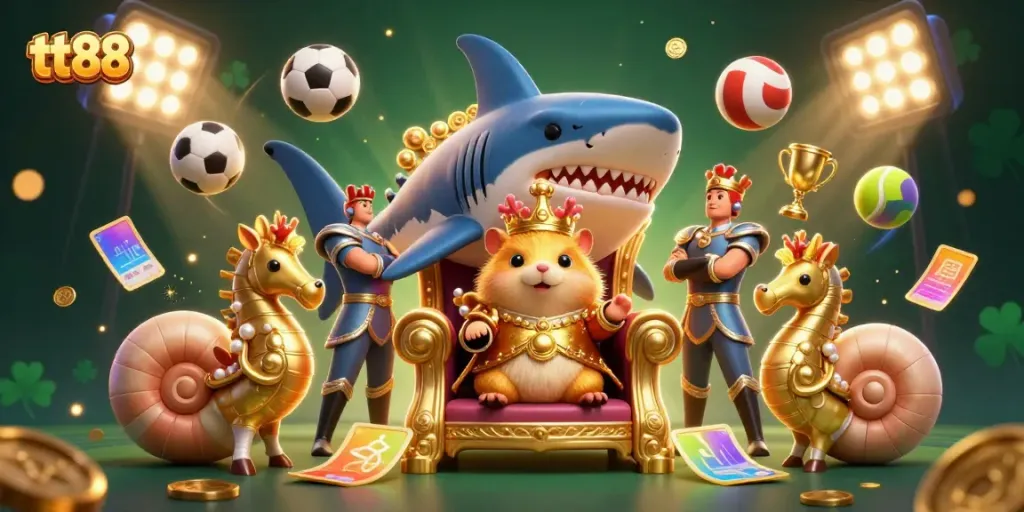 Experience thrilling gaming action at tt88 with dynamic sports elements and royal characters in a vibrant casino setting.