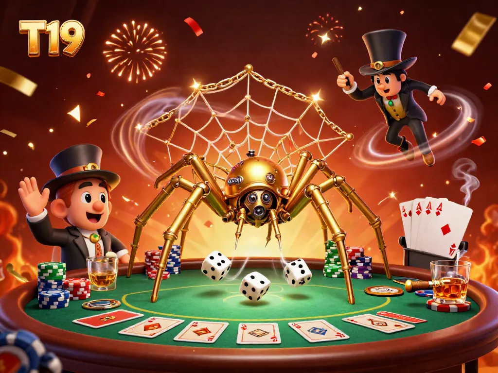 T19 players engage with a steampunk spider and dice, set amidst colorful poker elements