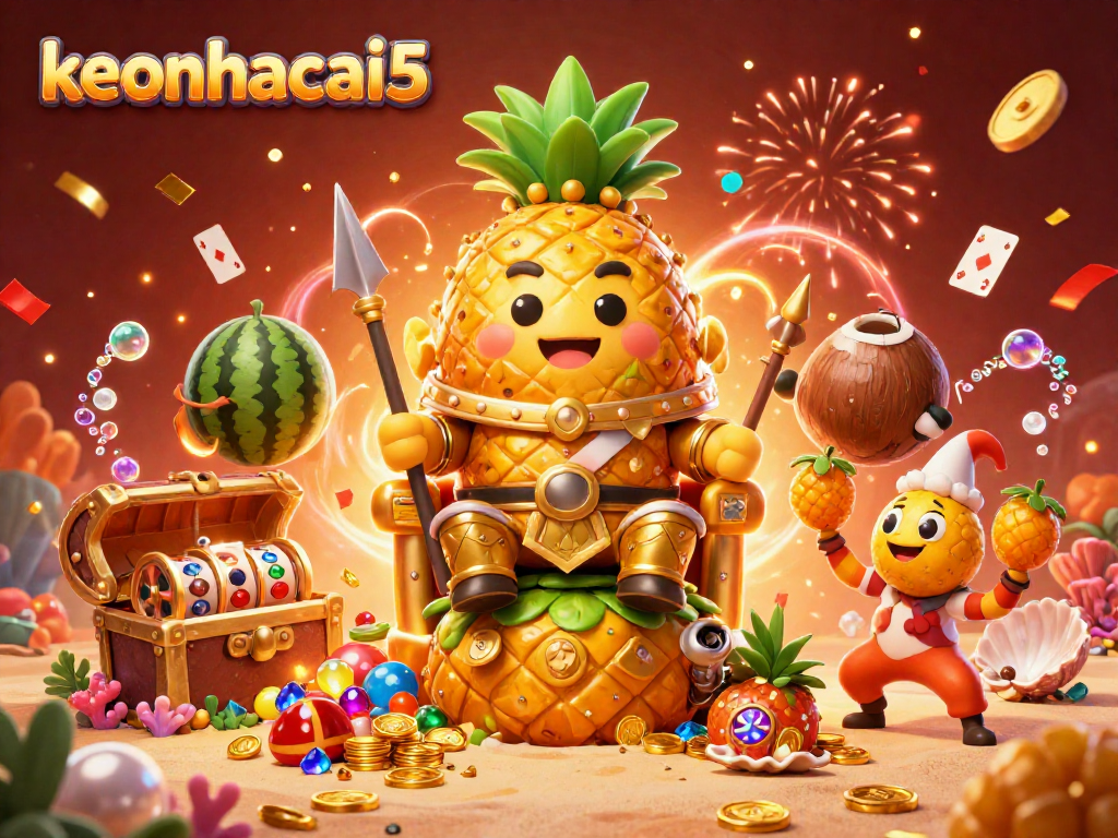 Experience keonhacai5 action with a golden pineapple king amidst casino treasures and vibrant characters.