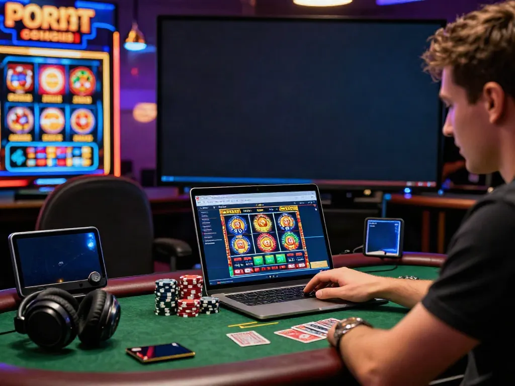 Excited player enjoying a credit card casino experience with vibrant slot games and poker chips on the table.