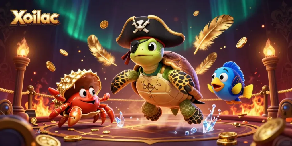 Xoilac sports betting scene featuring a pirate turtle and friends amidst coins and tokens