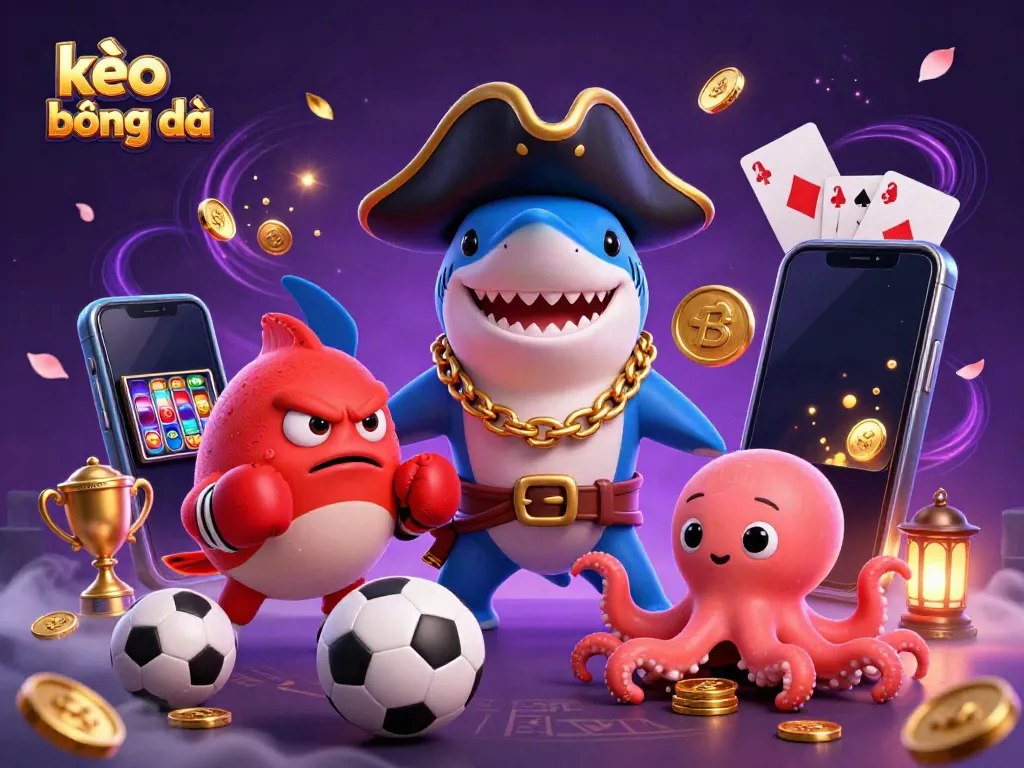 Engage in exciting kèo bóng đá betting with a vibrant illustration of a shark captain and lively ocean companions.