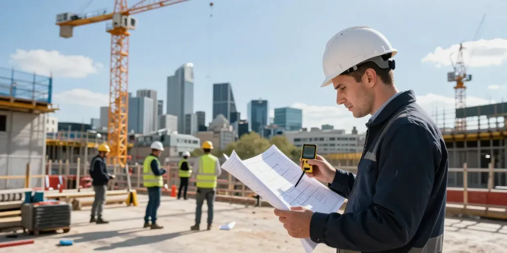 Measured Survey London showing a surveyor at a construction site with urban skyline.