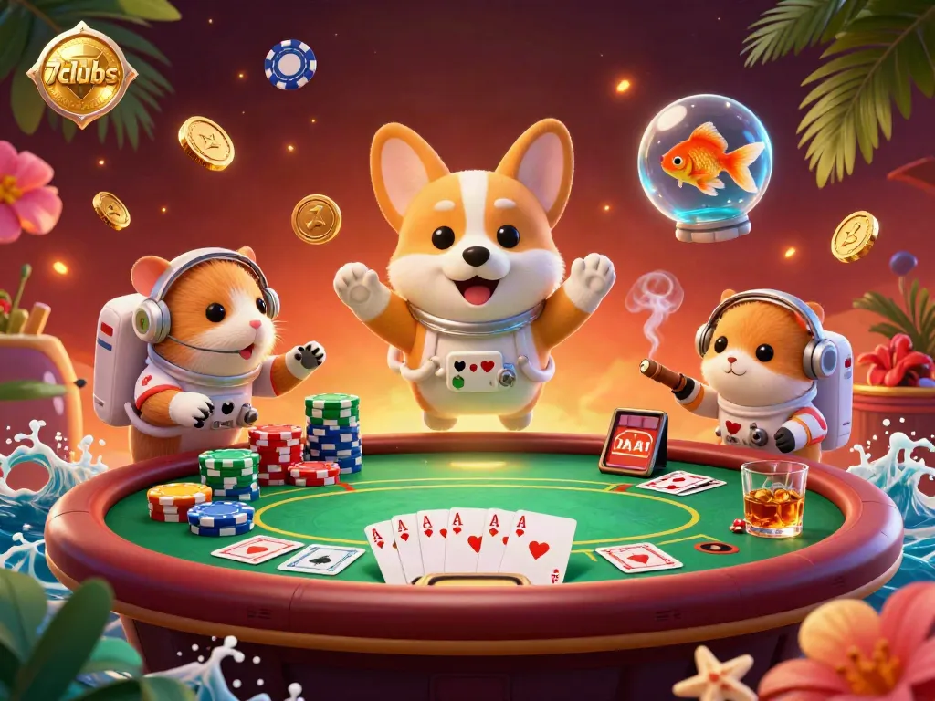 Experience thrilling moments at 7clubs with an astronaut corgi in a floating casino environment full of poker chips and gold coins.
