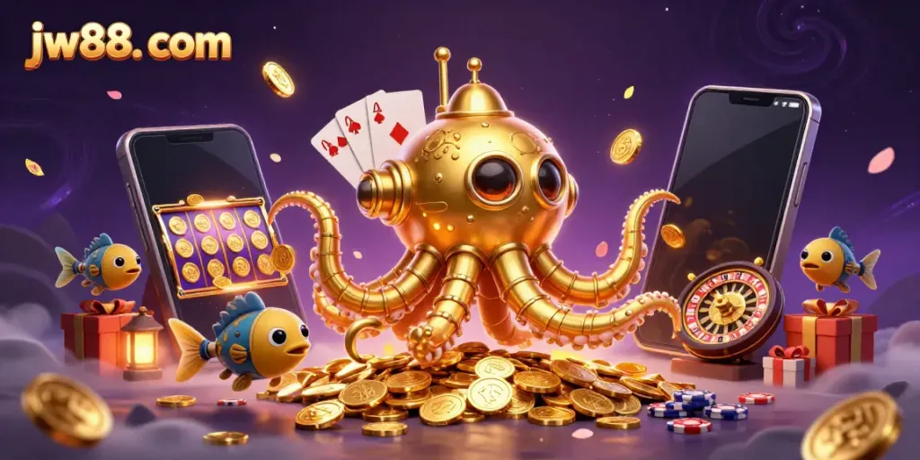 Engage with thrilling slots and games at jw88. com, featuring a dynamic casino scene of a kraken submarine.