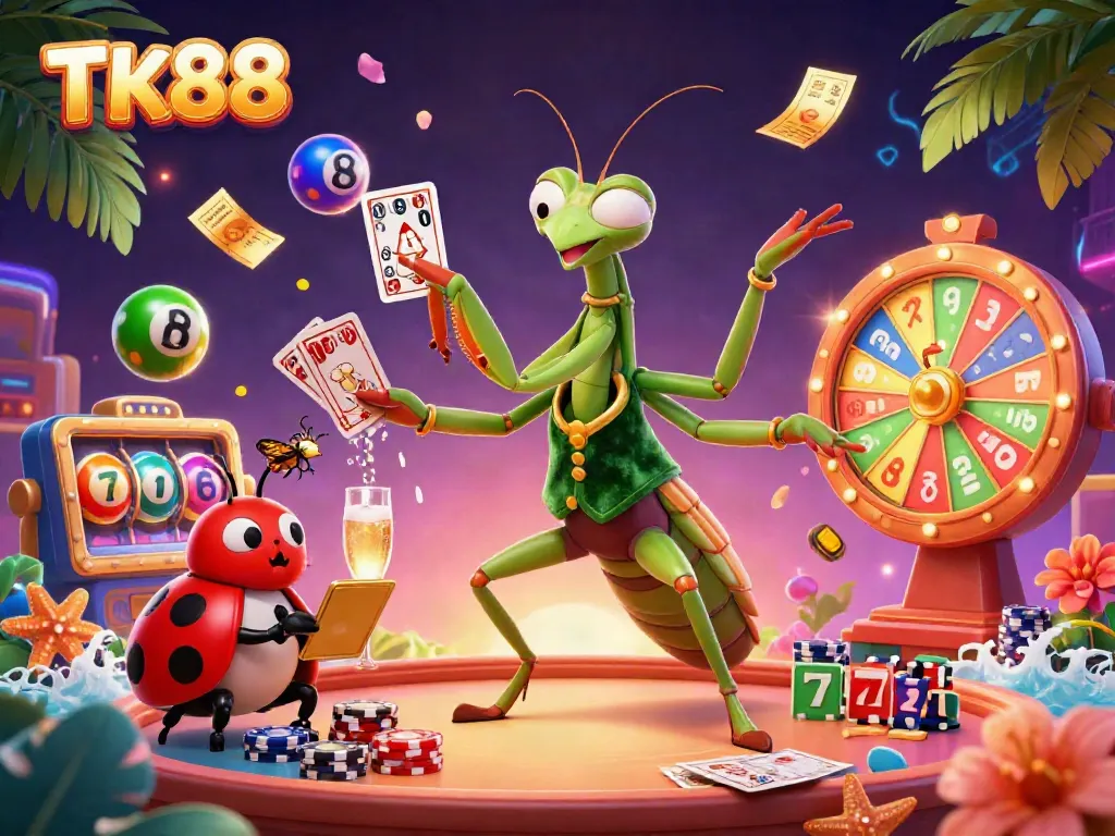 Engage in thrilling casino action with TK88's vibrant scene of a cartoon mantis dealer and ladybug pit boss.