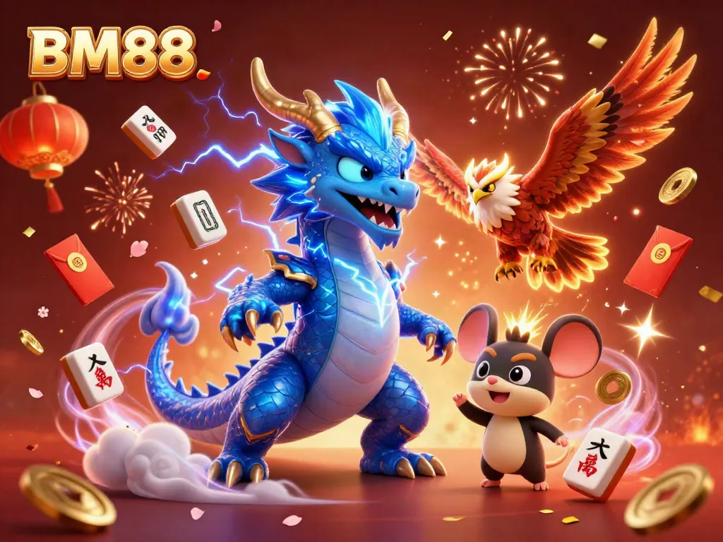 Experience the thrill of BM88 with this dynamic illustration showcasing vibrant casino elements and animated characters.