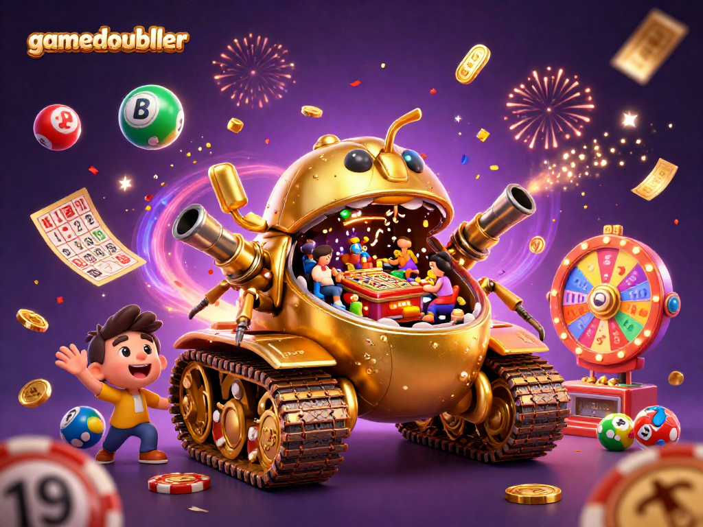 Engage the excitement of gamedoubler through this dynamic illustration showcasing a golden beetle tank casino adventure.